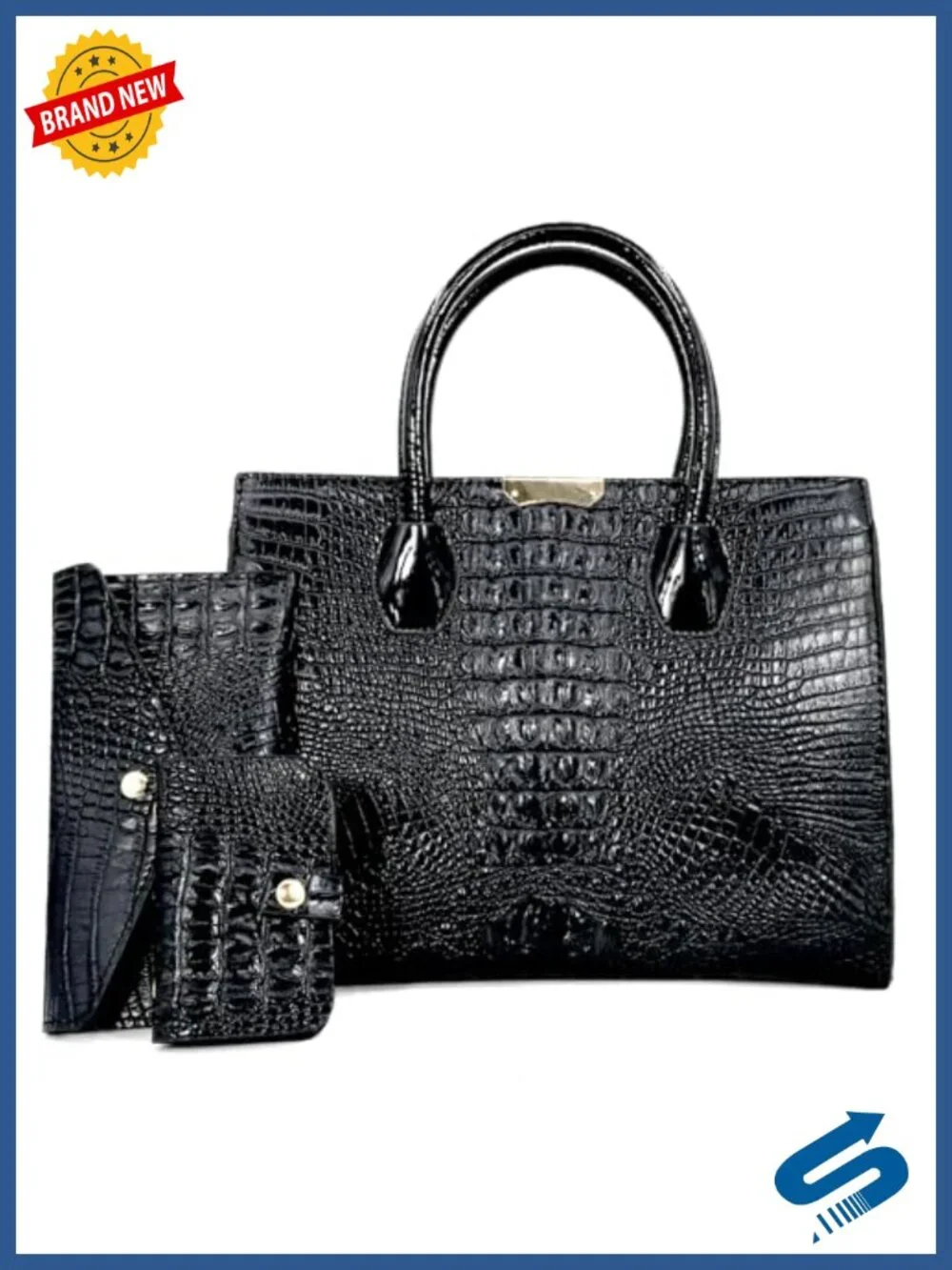 Patent PU Leather Crocodile Pattern Satchel Tote Handbag Set with Shoulder